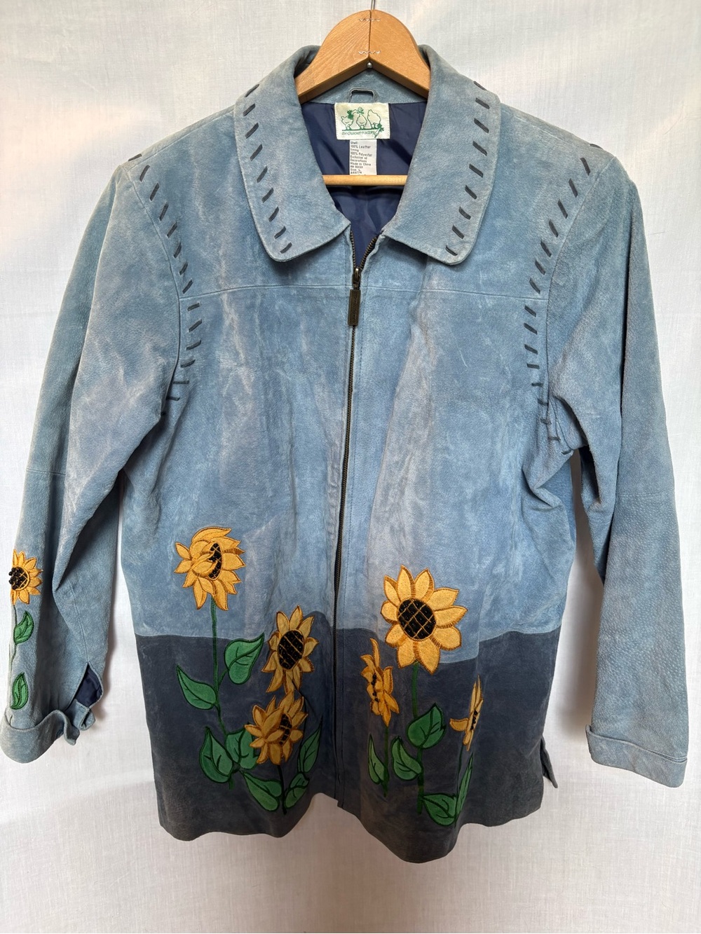 The Quacker Factory Women's Blue Suede Sunflower Zip Jacket Size Large